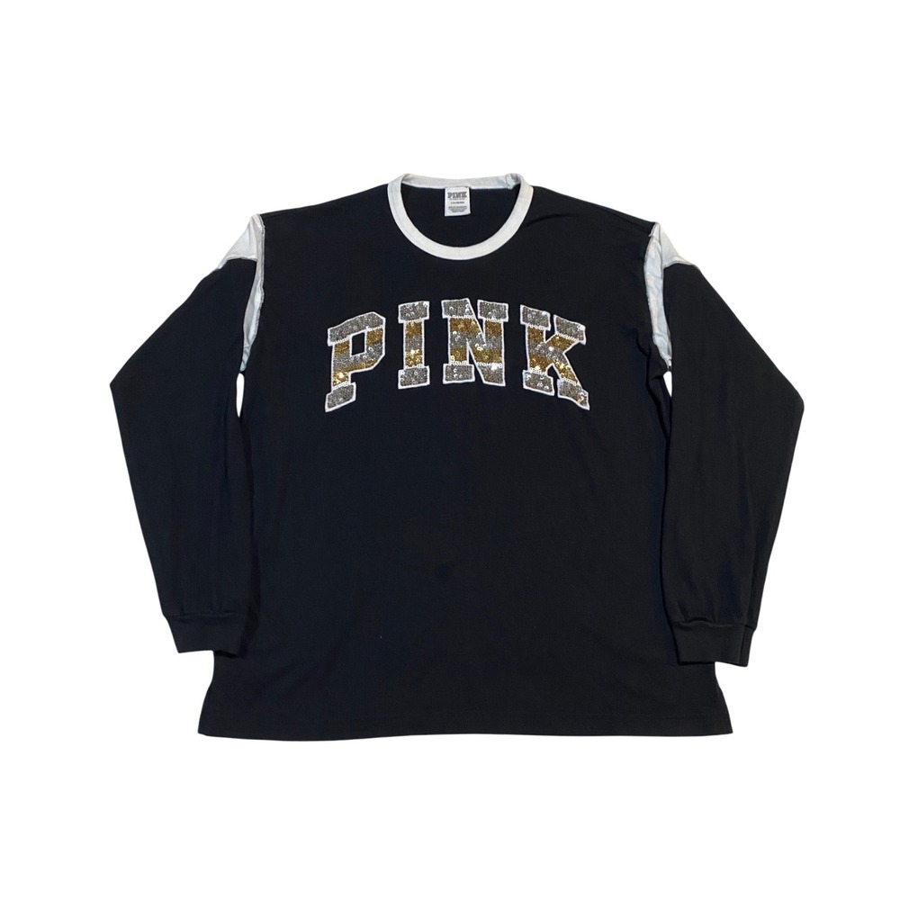 Victoria's Secret PINK Long Sleeve Ringer Tee Black Gold Silver Sequin Logo L